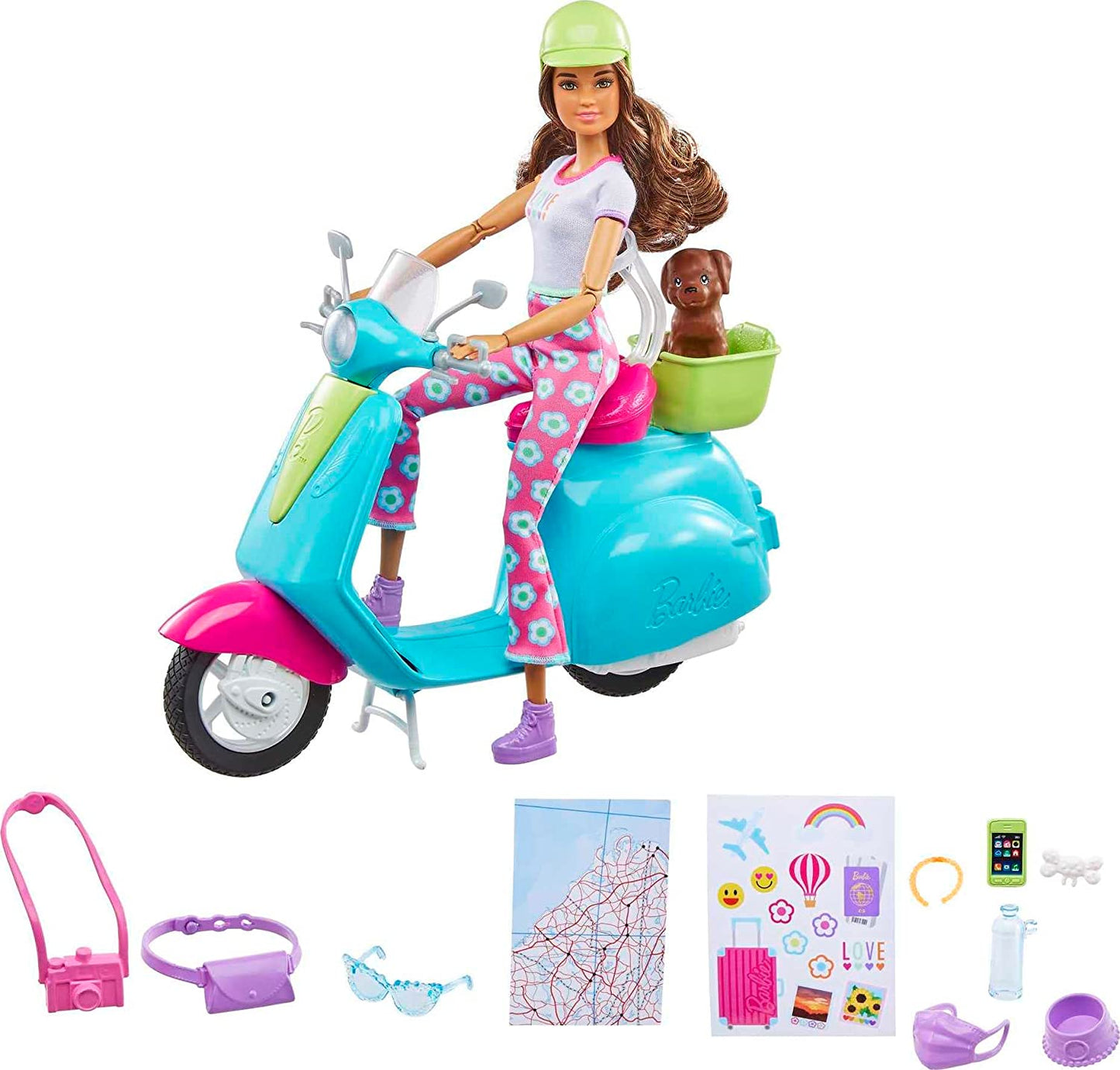 Barbie Fashionistas Doll and Scooter Travel Playset with Stickers, Pet Puppy and Themed Accessories including Map and Camera