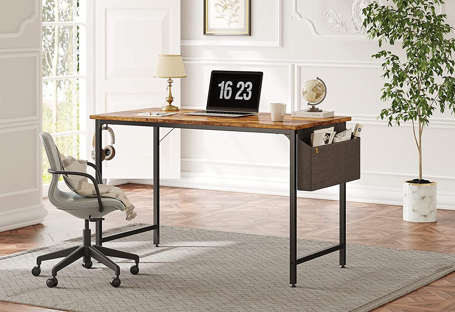 Modern Rustic Brown Study Computer Desk with Black Metal Frame, 47" Home Office Writing Small Desk, PC Table