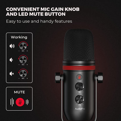 Professional USB Condenser Microphone for Gaming, Streaming, and Studio Recording - Compatible with Pc, Laptop, Phone, Ps4/5 - USB Type C Plug and Play – Headphone Output, Volume Control, LED Mute Button