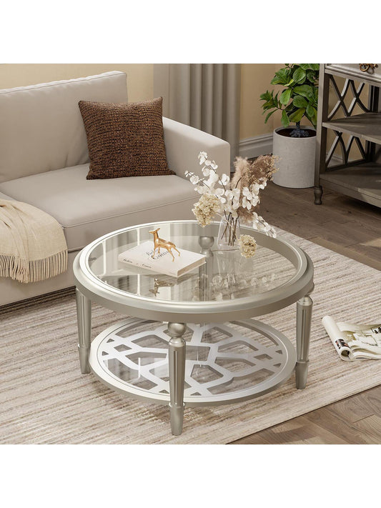 Modern Design Round Coffee Table with Storage Open Shelf, Double-Tempered Glass Living Room Table, End Table for Living Room, Home Furniture 