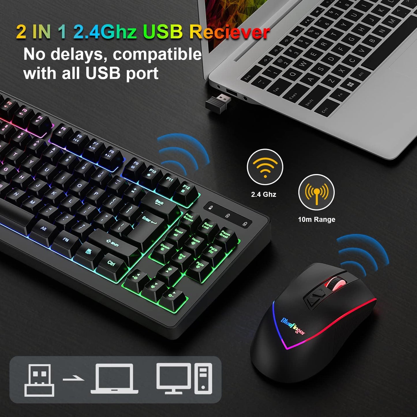 Rechargeable Wireless Gaming Keyboard and Mouse Combo with RGB Rainbow Backlit, Ergonomic Design for Mac, Laptop, Computer, and PC Gamers