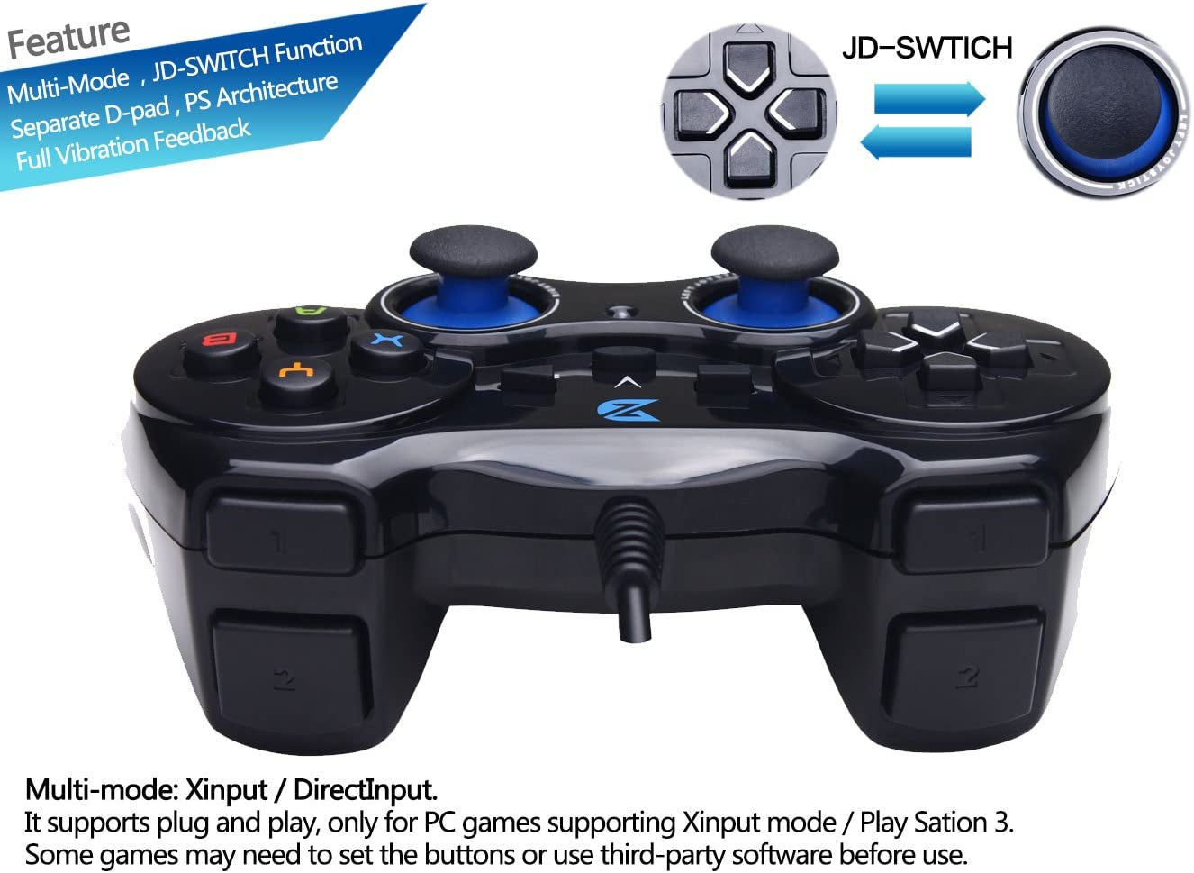 USB Wired Gaming Controller Gamepad for PC/Laptop (Windows XP/7/8/10/11) & PS3 & Android & Steam - Black