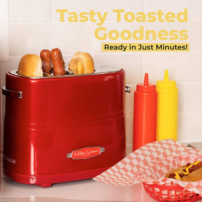 Nostalgia Retro Hot Dog and Bun Toaster with Mini Tongs - Metallic Red, Ideal for Cooking Chicken, Turkey, Veggie Links, Sausages, and Brats