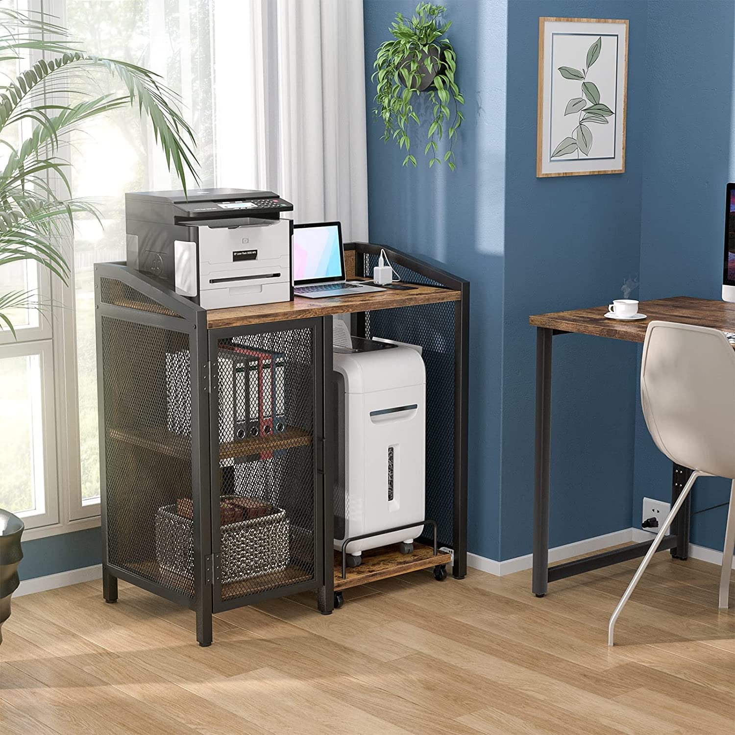Rustic Brown 3-Tier Lateral Office Filing Cabinets with Integrated Socket and USB Charging Port, Contemporary Printer Stand and Paper Shredder Stand Rack with Mobility Wheels and Open Storage Shelves