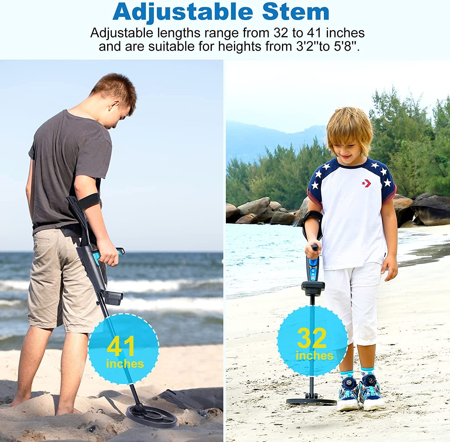 Metal Detector for Kids with 8'' Waterproof Coil, 32-41 Inches Adjustable Stem Kids Metal Detector, Lightweight and High Accuracy Gold Detector with DSP Chip