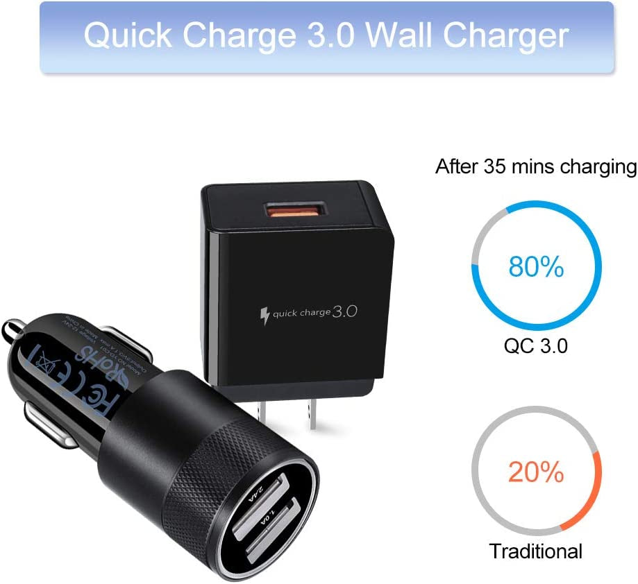 Fast Charging Car Charger Adapter with Quick Charge 3.0 Wall Charger Block Plug and 6Ft USB Type C Cable for Samsung Galaxy 