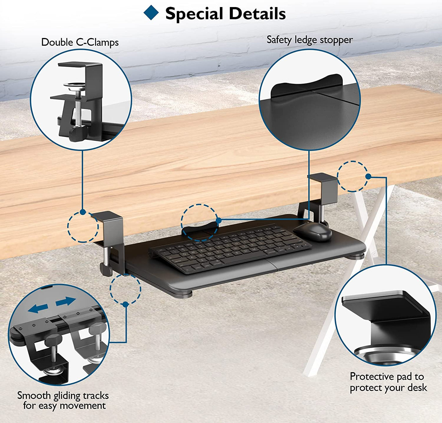 Compact Under Desk Keyboard Tray with C Clamp - Sliding Mouse and Keyboard Drawer, 20" (24.6" Including Clamps) X 11.8" - Stable Computer Organizer for Efficient Typing - Black