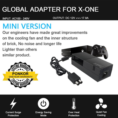 Xbox One Power Supply: High-Quality AC Cord Replacement Power Brick Adapter, Universal 100-240V Voltage Compatibility