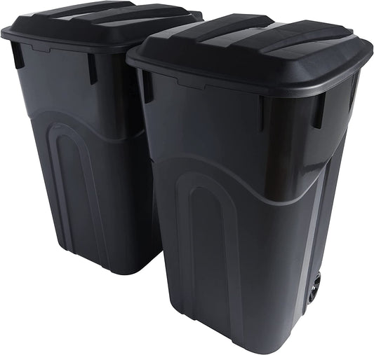 Set of Two 32 Gallon Outdoor Garbage Cans with Wheeled Base, Snap Lock Lid, and Durable Handles - Ideal for Backyards, Decks, and Garages