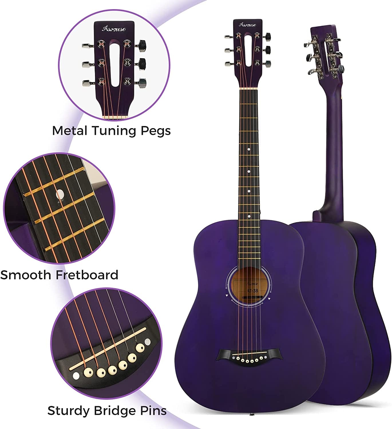 Full Size Classical Acoustic Guitar Kit - 38 Inch, 6 Strings - Includes Gig Bag, Tuner, Picks, Strap - Perfect for Beginners, Adults, Teens - Elegant Purple Design