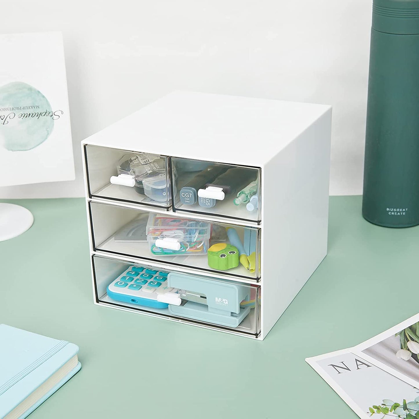 Clear Plastic Desk Organizer with 4 Drawers - Desktop Storage Solution for Office Supplies, Writing Instruments, Paperclips, and Chargers (White)