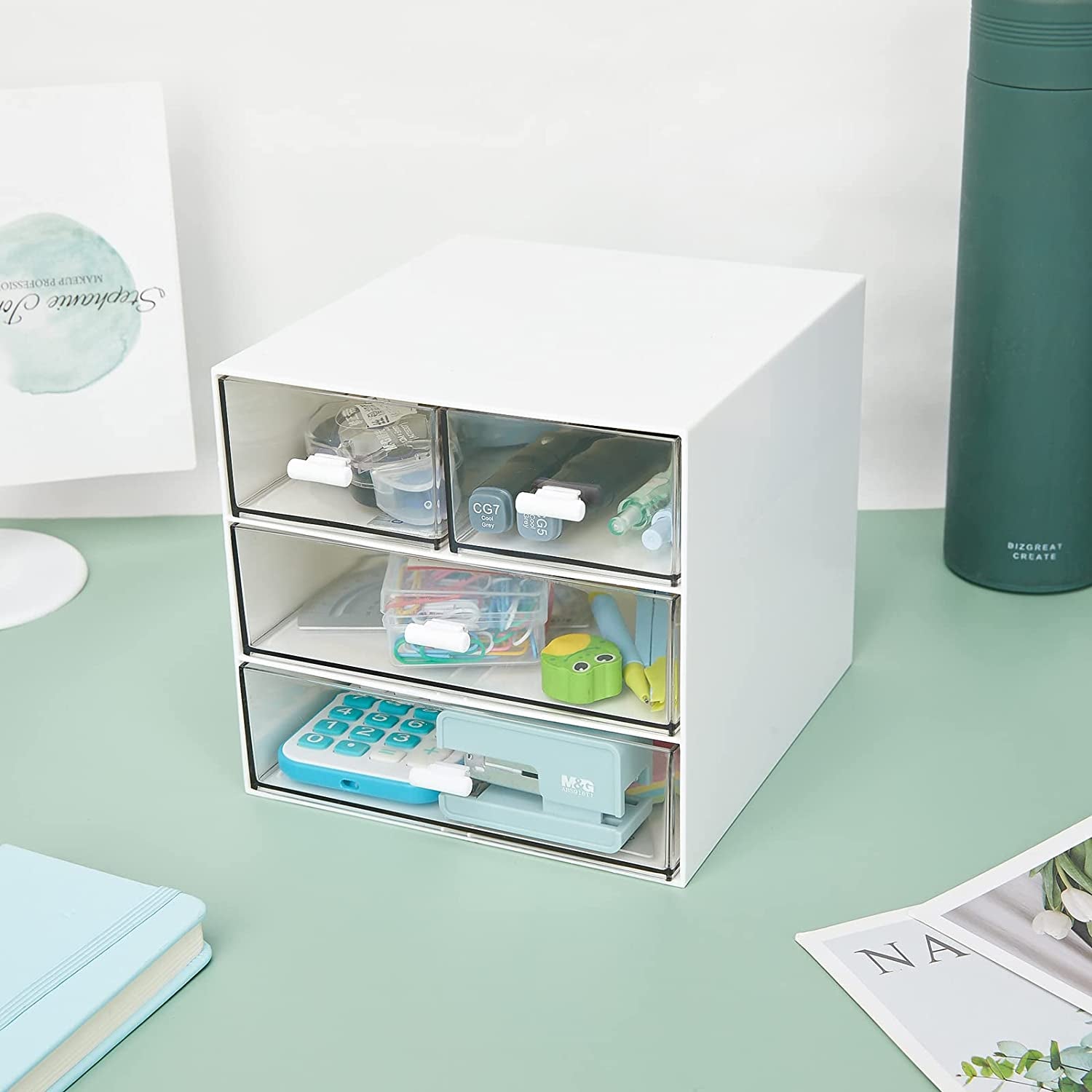 Clear Plastic Desk Organizer with 4 Drawers - Desktop Storage Solution for Office Supplies, Writing Instruments, Paperclips, and Chargers (White)