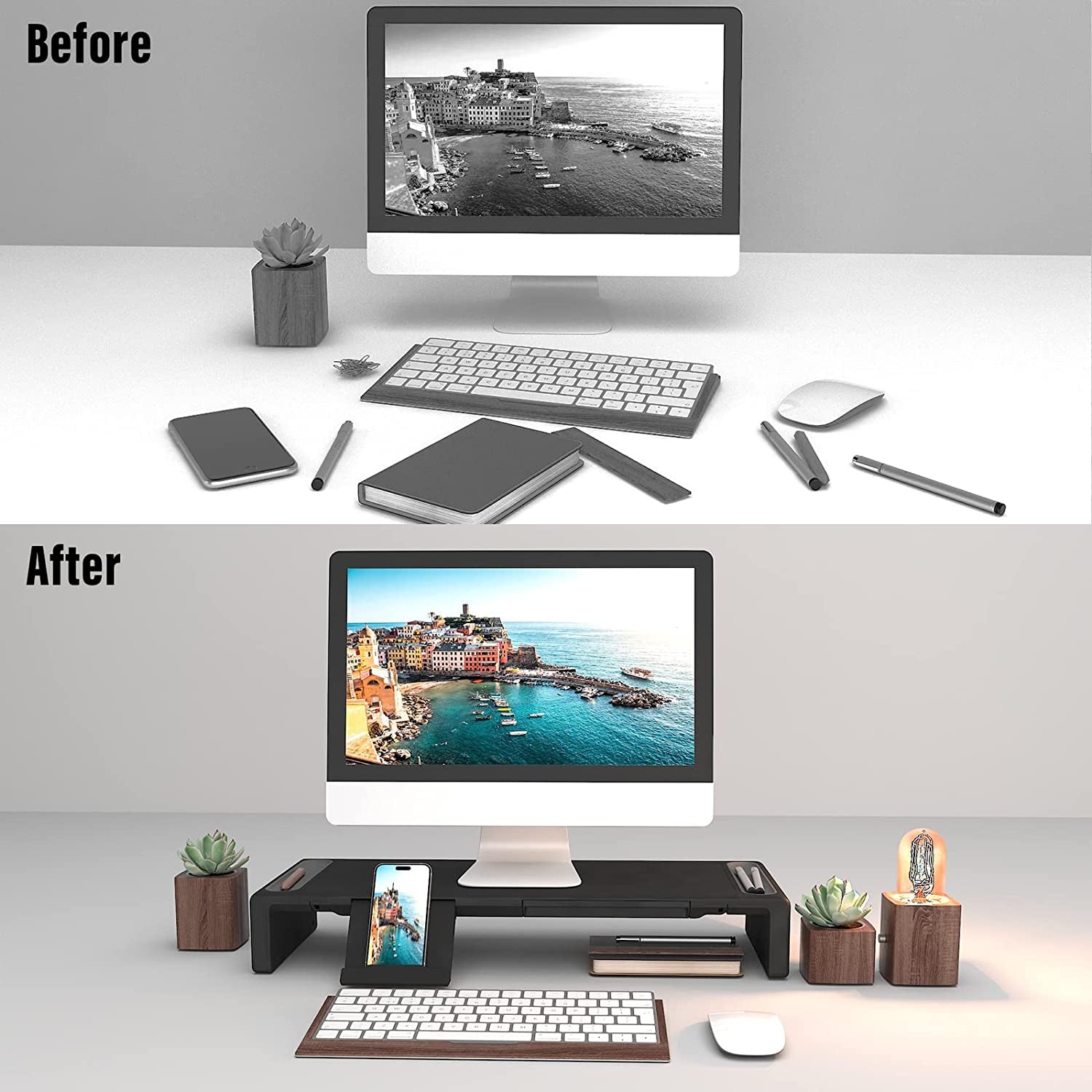 Foldable Monitor Stand Riser with Adjustable Height, Storage Drawer, Pen Slot, Phone Stand for Computer, Desktop, Laptop, Space-Saving Design