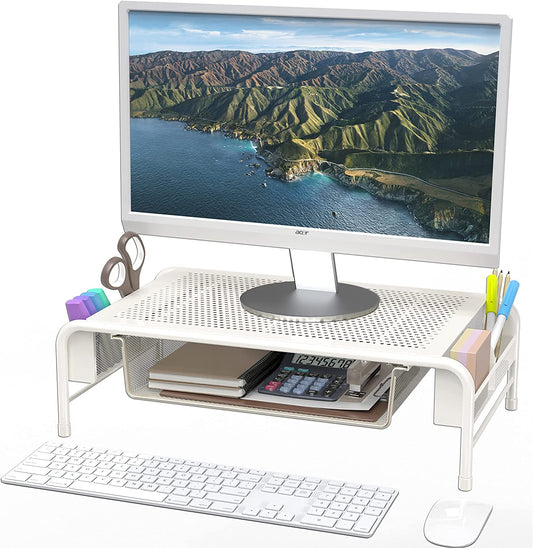 Metal Desk Monitor Stand with Integrated Organizer Drawer - White