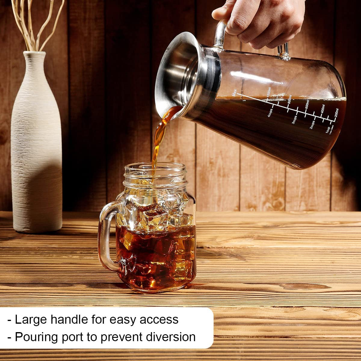 51Oz/1.5L Airtight Cold Brew Coffee (Iced Tea) Maker, BPA-Free Borosilicate Glass Pitcher, Dishwasher Safe, Spill-Proof Design, 6 Cups Capacity