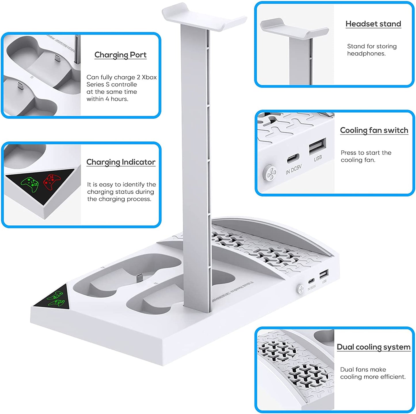 Vertical Cooling Fan Stand for Xbox Series S with Dual Controller Charging Dock Station, 2 X 1400mAh Rechargeable Battery Pack, and Headphone Bracket - White