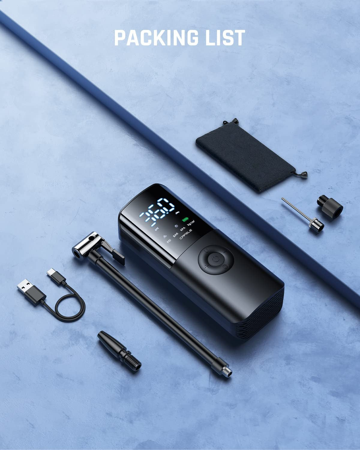 Efficient and Easy-to-Use Portable Tire Inflator for Cars and Motorcycles with Auto Stop Function, Cordless Electric Bike Air Pump, Rechargeable Battery, Large LCD Display and Lightweight Design