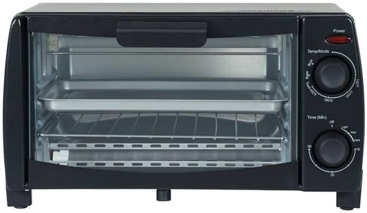 Compact Retro Toaster Oven with 4-Slice Capacity, Multi-Functionality, 30-Minute Timer, Bake, Broil, and Toast Options, 1000 Watts, 2-Rack Capacity, Black
