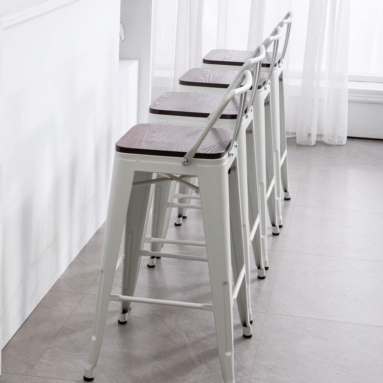 Set of 4 Modern Industrial Metal Bar Stool Counter Height Stools with Stackable Design and Low Back White Wooden Seat (24" Dining Chair)