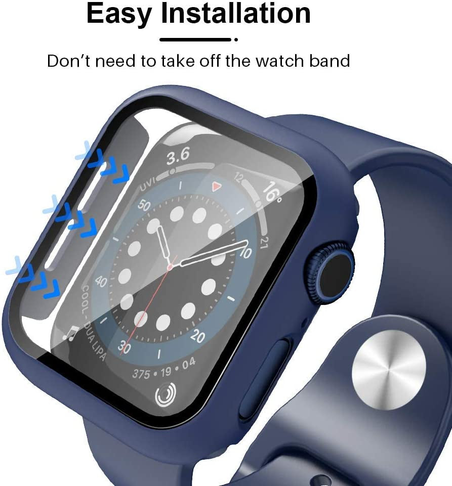 Blue Hard Case with Tempered Glass Screen Protector for Apple Watch SE/Series 6/5/4, 44mm - Full Coverage, Slim Bumper Protective Cover - Touch Sensitive