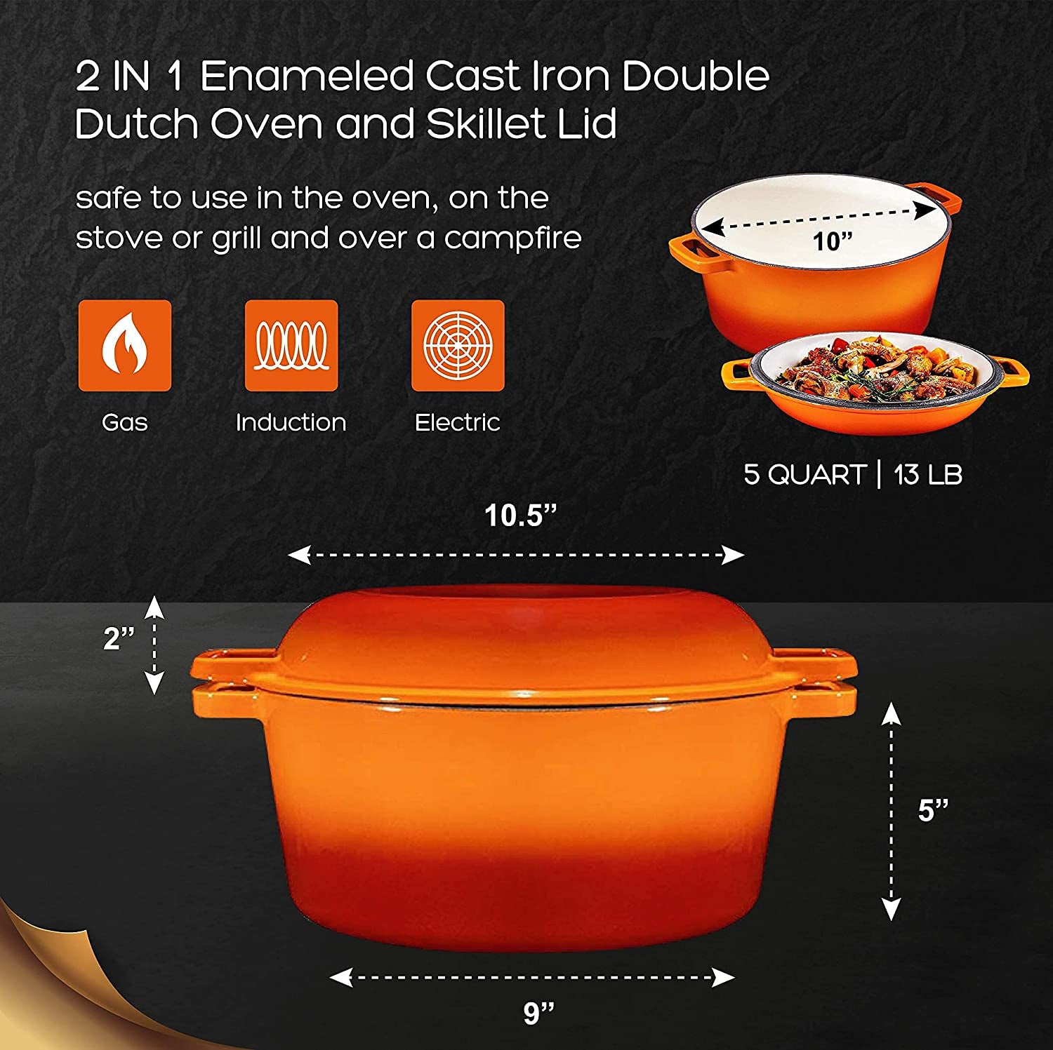 2-In-1 Enamel Cast Iron Dutch Oven and Skillet Set - 5 Quart Pumpkin Orange Cookware with Handles, Braising, Casseroles, and Crock Pot Cooking