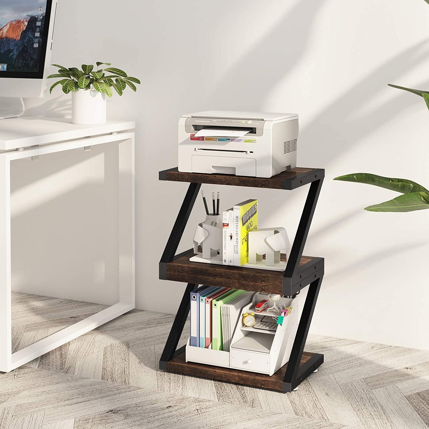 Desktop Printer Stand with Storage - Printer Shelf Organizer with Anti-Skid Pads, 2-Tier Tray, and Steel Hardware (Dark Brown)