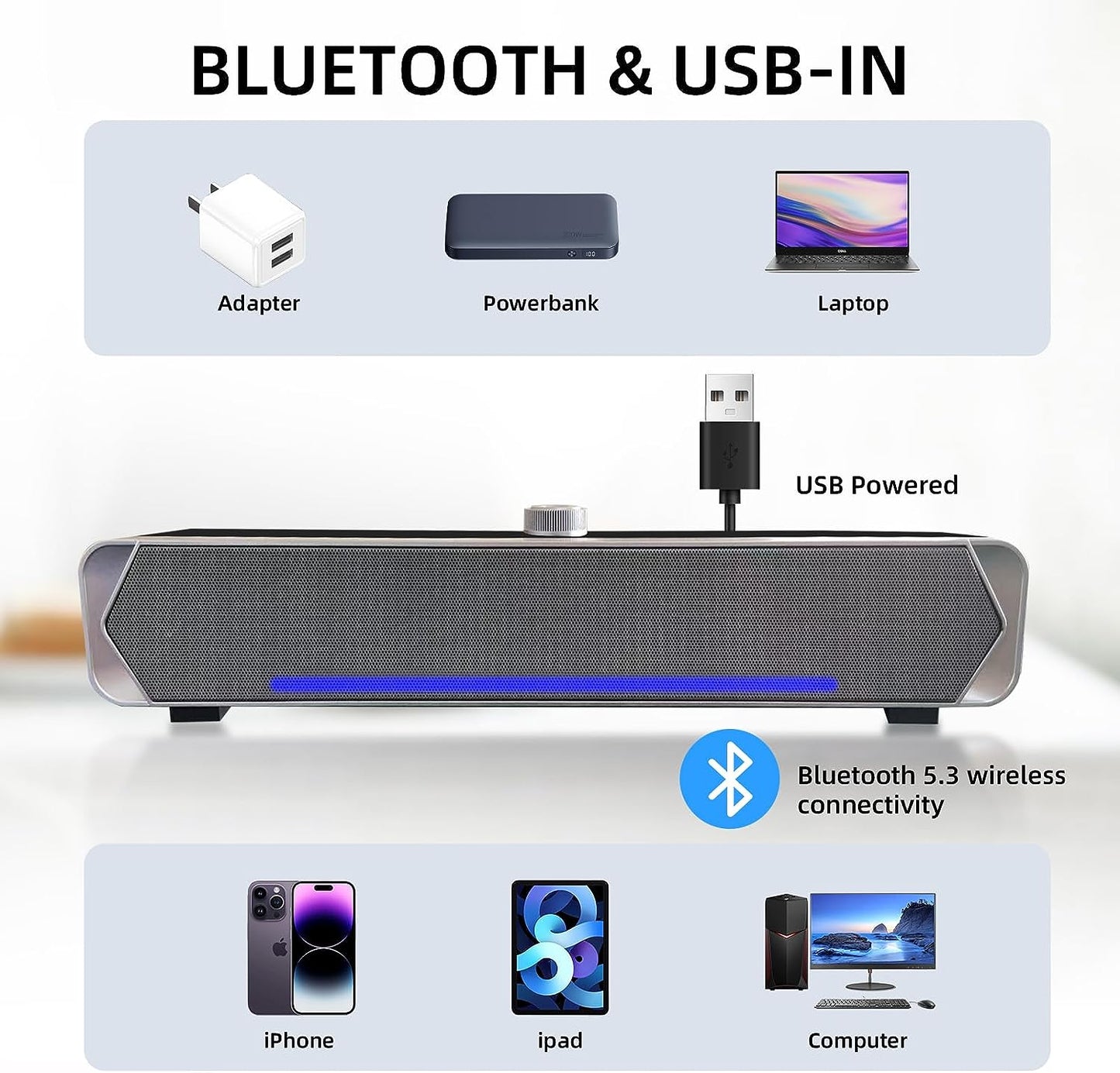 Desktop Monitor Computer Speakers: Bluetooth Soundbar with High-Fidelity Stereo Sound, USB-Powered Bar Speaker, Desktop Computers, Laptops