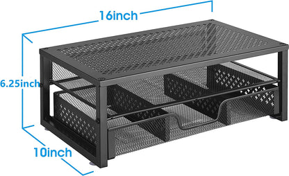 Metal Monitor Stand Riser with Integrated Desk Organizer and Drawer - Ideal for Laptops, Computers, iMacs - Black