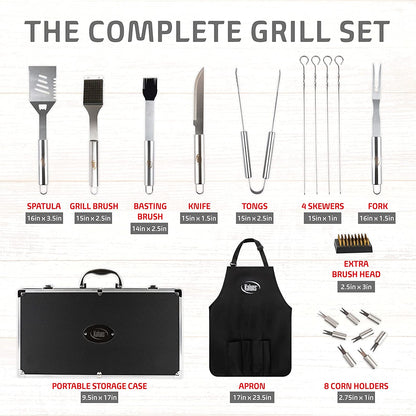 Premium Stainless Steel BBQ Grill Set with Aluminum Case and Apron - Complete Grill Accessories Kit for Outdoor Grilling - Ideal Gifts for Men