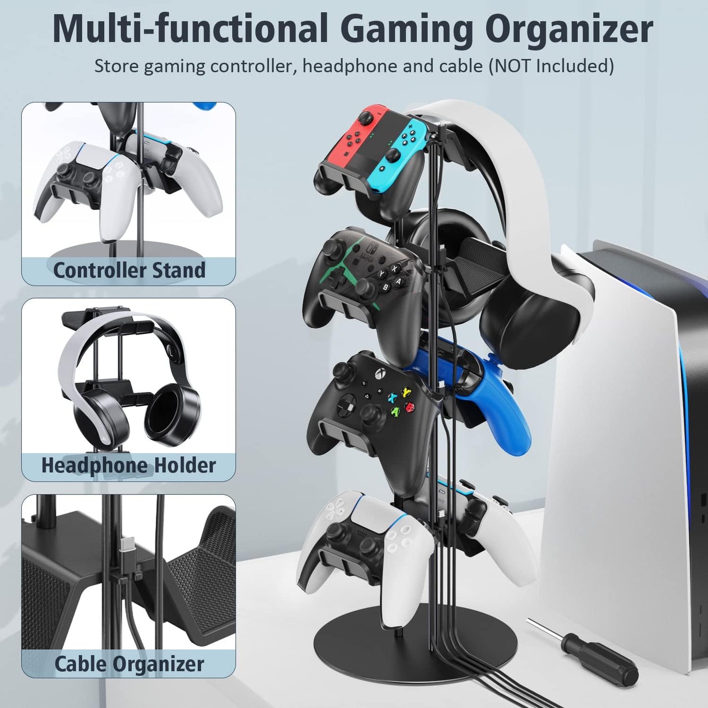 4-Tier Controller Stand with Cable Organizer for Desk - Universal Display Stand for Xbox, PS5, PS4, Nintendo Switch - Includes Headset Holder and Desk Mounts for 8 Controllers