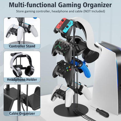 4-Tier Controller Stand with Cable Organizer for Desk - Universal Display Stand for Xbox, PS5, PS4, Nintendo Switch - Includes Headset Holder and Desk Mounts for 8 Controllers