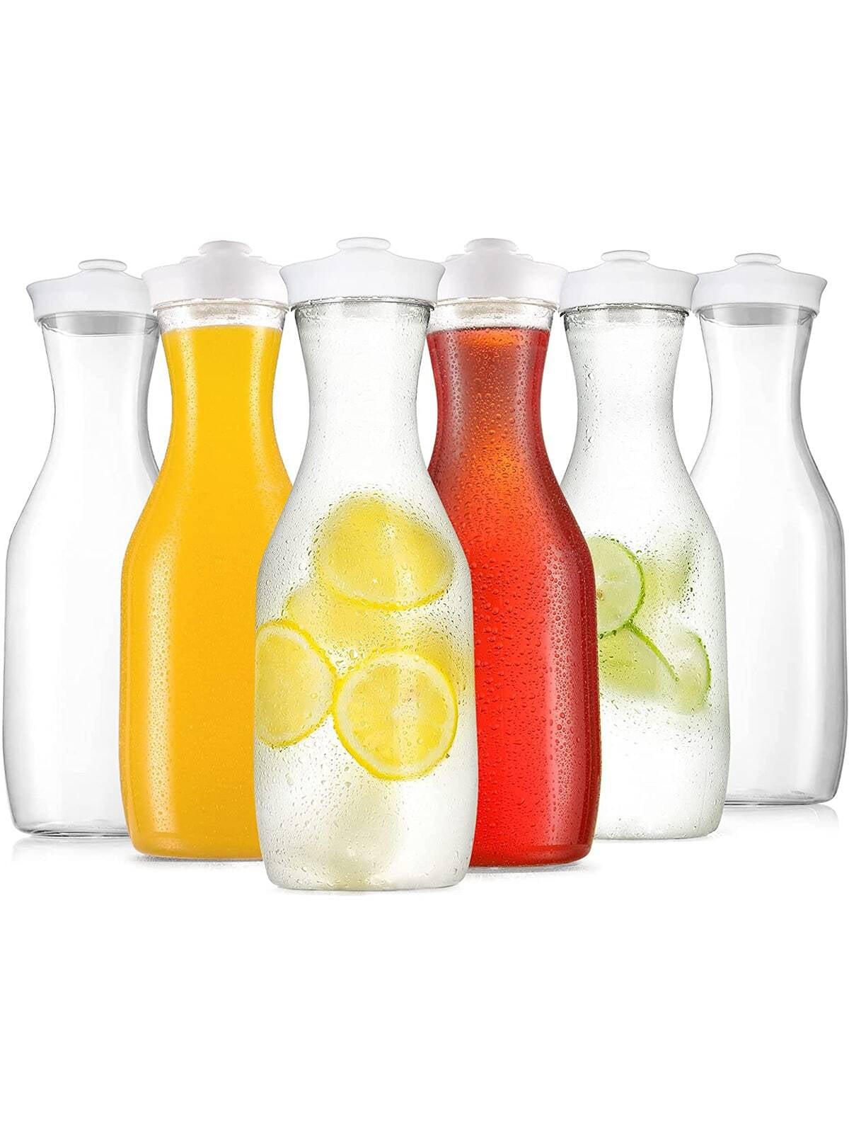 Set of 6 Large 50 Oz Water Carafes with Flip Top Lid, Clear Plastic Juice Containers, Beverage Pitcher BPA Free - for Various Drinks - Hand Wash Only