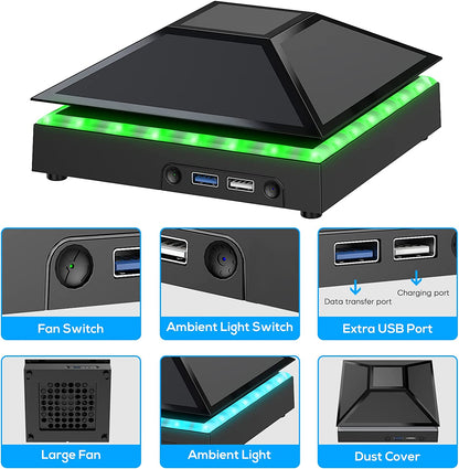 Cooling Fan with Dust Proof Design for Xbox Series X Console - Includes Colorful Light Strip, Dust Cover Filter, Rubber Dust Plugs, Low Noise Top Fan and 2 USB Ports