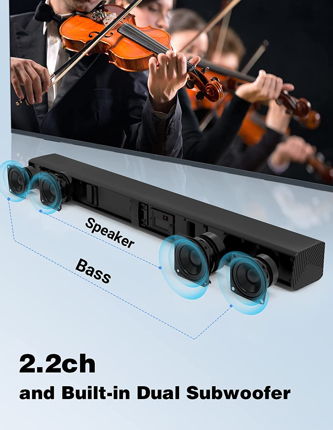 "32-Inch Bluetooth 5.0 TV Speaker: 2-in-1 Separable Sound Bars with Surround Sound System, Dual Subwoofer, Adjustable Bass, and Included Remote Control"