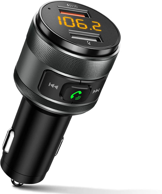 Wireless Bluetooth 5.0 FM Transmitter for Car with Hands-Free Calling, Music Player, and Dual USB Ports Charger