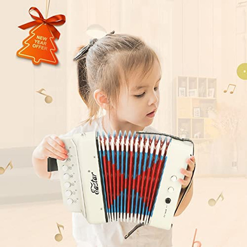 Children's Mini Accordion Toy - 10 Key Button Musical Instrument for Kids, Toddlers, and Beginners (White)