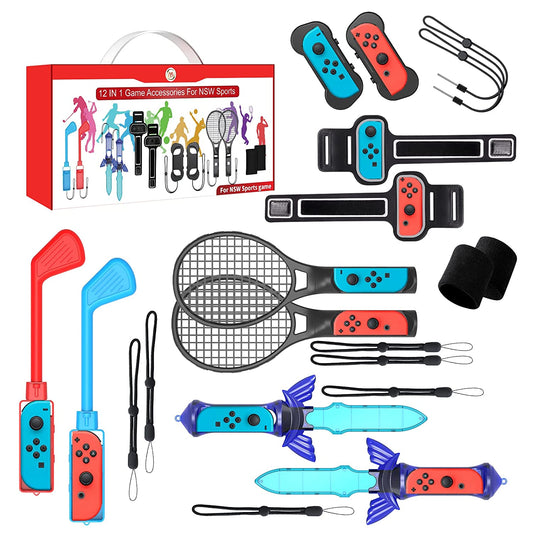 Switch Sports Accessories Bundle,12-in-1 Family Kit for Nintendo Switch, Tennis Rackets, Sword Grips, Golf Clubs, Leg Strap, Joy-Con Wrist Band, Grip Case & Carrying Case 