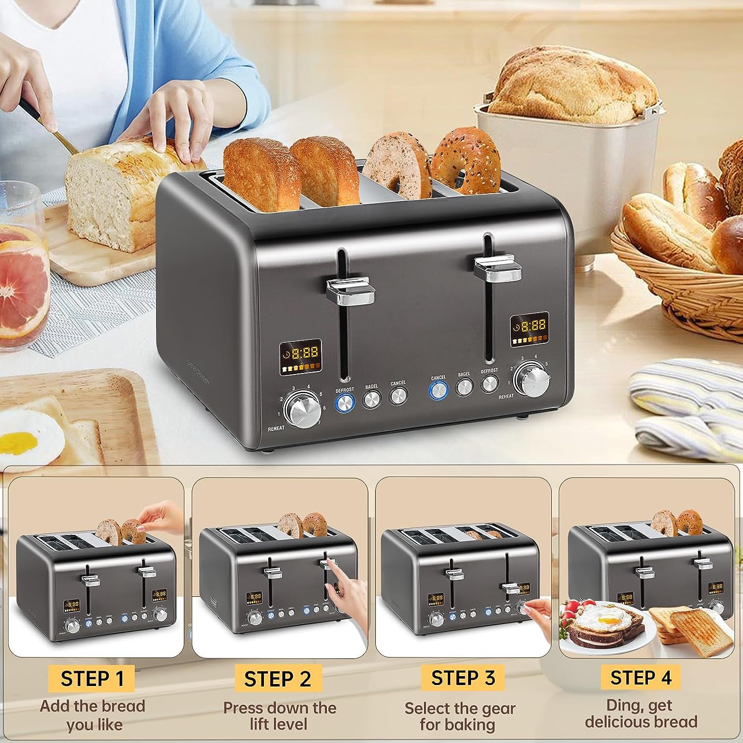 Stainless Steel 4-Slice Toaster with LCD Display, Multiple Shade Settings, Wide Slots, Bagel/Defrost/Reheat Functions, Removable Crumb Tray, Metallic 