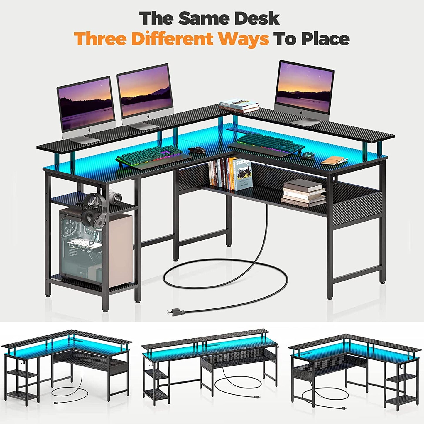 Carbon Fiber Computer Desk with LED Lights, Power Outlets, and Storage - Reversible L Shaped Gaming Desk with Monitor Stand, USB Port, and Hook