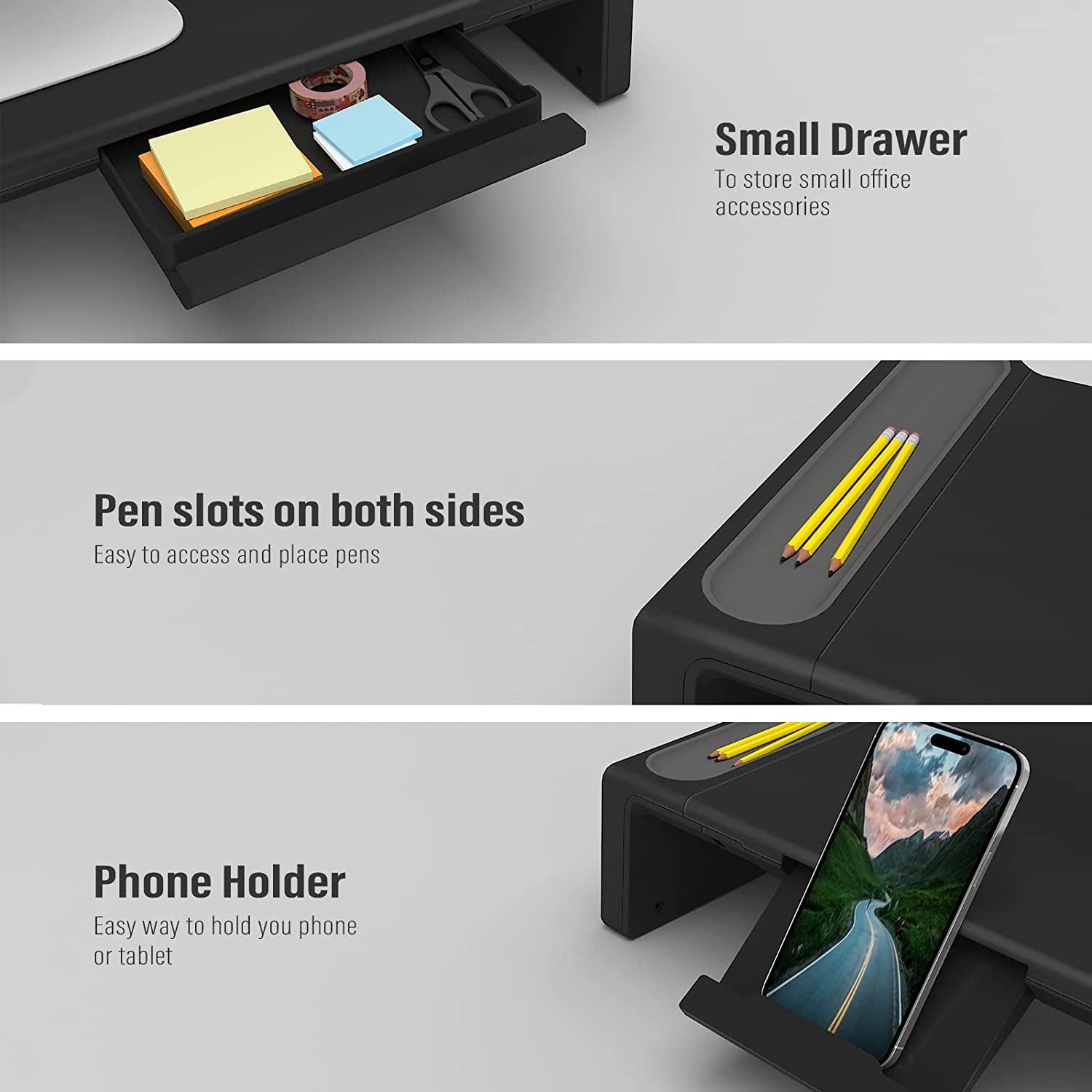 Foldable Monitor Stand Riser with Adjustable Height, Storage Drawer, Pen Slot, Phone Stand for Computer, Desktop, Laptop, Space-Saving Design