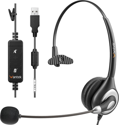 Corded USB Mono Headset with Noise Cancelling Mic, In-Line Controls, and Crystal Clear Chat, Ideal for Skype, Softphone, and Call Center Use