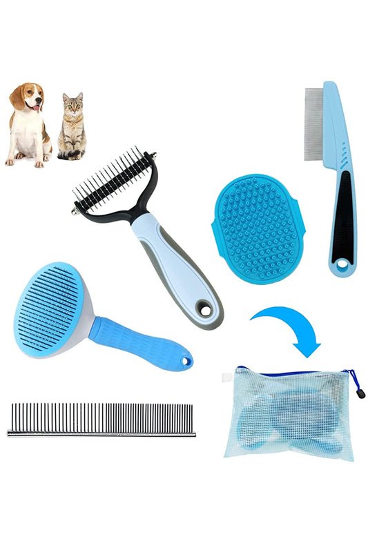 5-in-1 Dog Grooming Kit with Shedding Comb - Ideal for Short-Haired Dogs, Small Breeds - Includes Dematting Comb and Rake Set in Blue