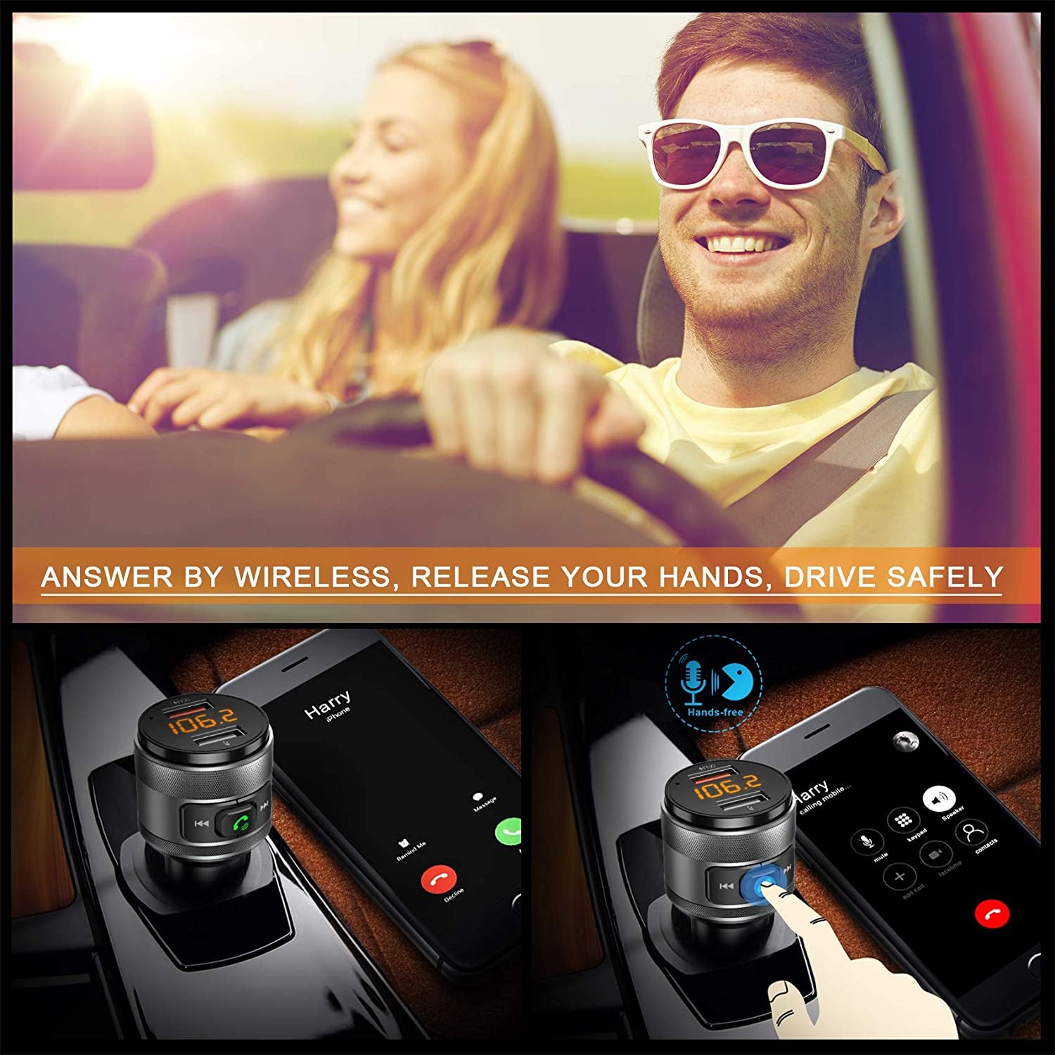 Wireless Bluetooth 5.0 FM Transmitter for Car with Hands-Free Calling, Music Player, and Dual USB Ports Charger