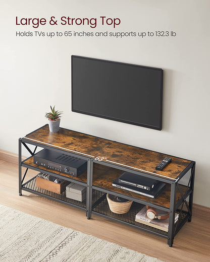 Home TV Stand  for TVs up to 65 Inches, Industrial Style Entertainment Center with Sturdy 3-Tier Console, Steel Frame, Rustic Brown & Black Finish