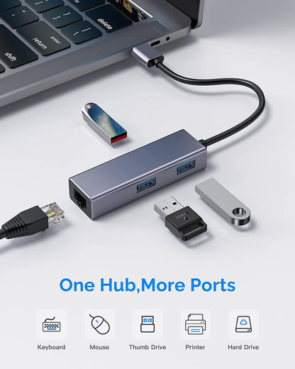 USB a to Ethernet Adapter, 4-In-1 USB Hub with 3 USB 3.0 Port, 1 RJ45 Gigabit Ethernet Port, Compatible with Windows 10,8.1, Mac OS, Surface Pro, Linux, Chromebook and More