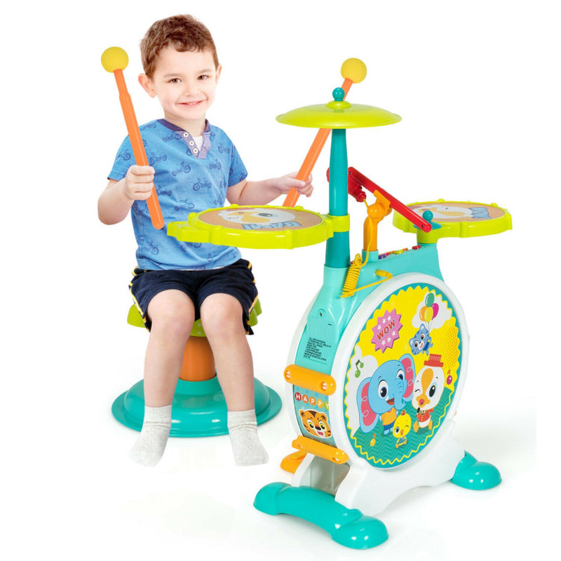 3-Piece Electric Children's Drum Set with Microphone, Stool, and Pedal