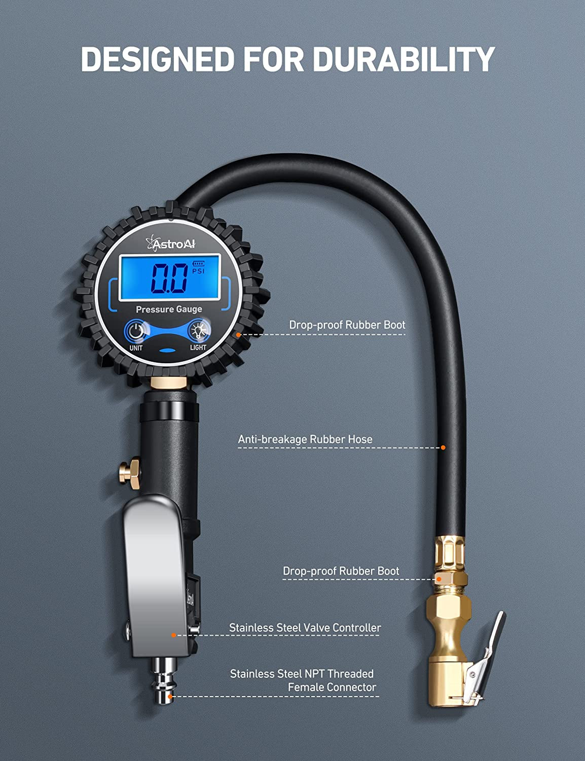 Digital Tire Inflator with Pressure Gauge, 250 PSI Air Chuck & Compressor Accessories, Heavy Duty with Flexible Rubber Hose & Quick Connect Coupler, Display Resolution