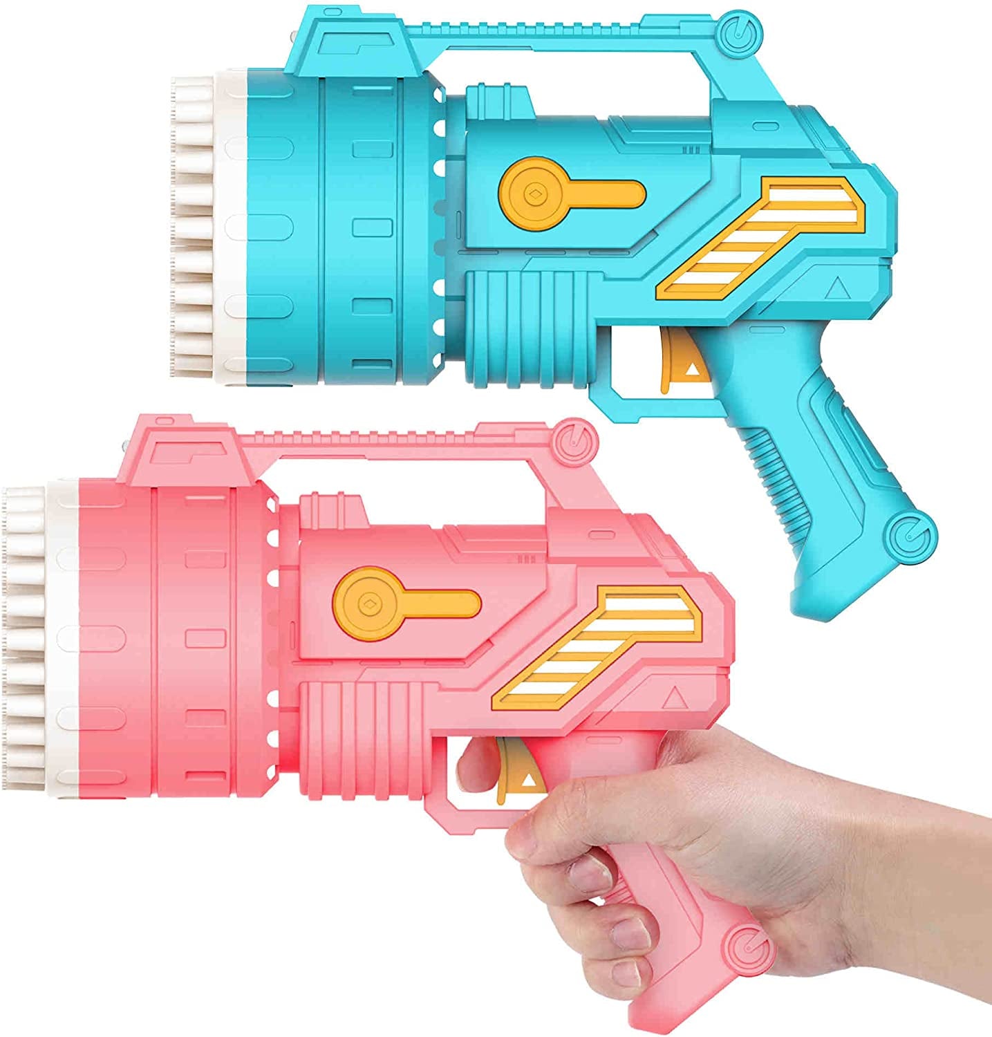Set of 2 Bubble Machine Guns: 69-Hole Design with LED Light - Includes 8 Bottles of Bubble Solution for Kids' Outdoor Activities