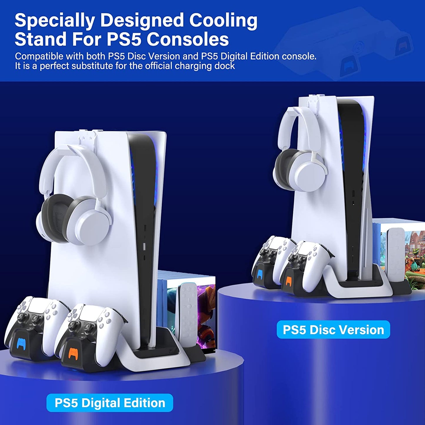 Console Stand and Cooling Station with Dual Controller Charger Compatible with PlayStation 5 Disc/Digital Edition, Complete with Cooling Fan, Headset Holder, and 11 Game Slots 