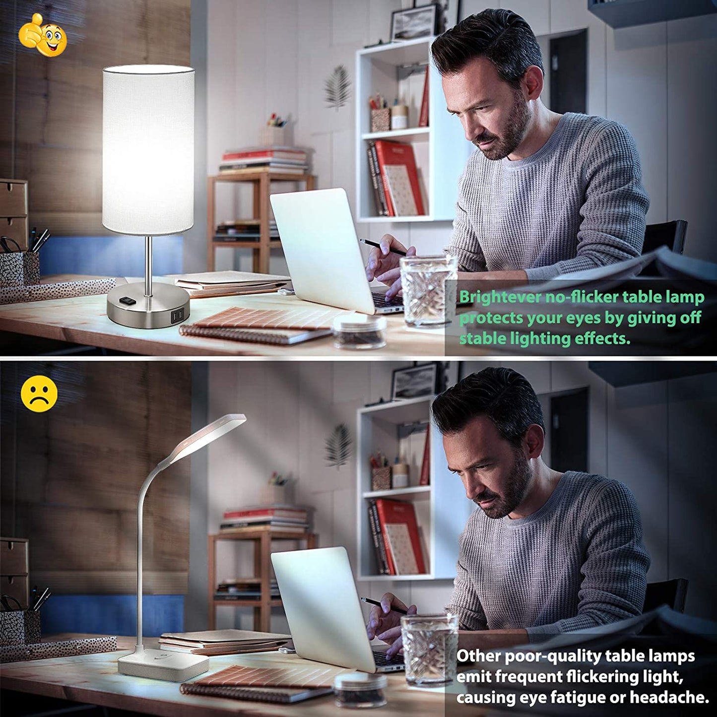 Set of 2 Touch Control Table Lamps with USB Charging Ports, AC Outlet, 3-Way Dimmable Functionality with White Fabric Lampshade and A19 LED Bulbs